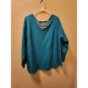 Susan Graver Style Blue Long Sleeve Blouse With Beaded Nackline Size 1X